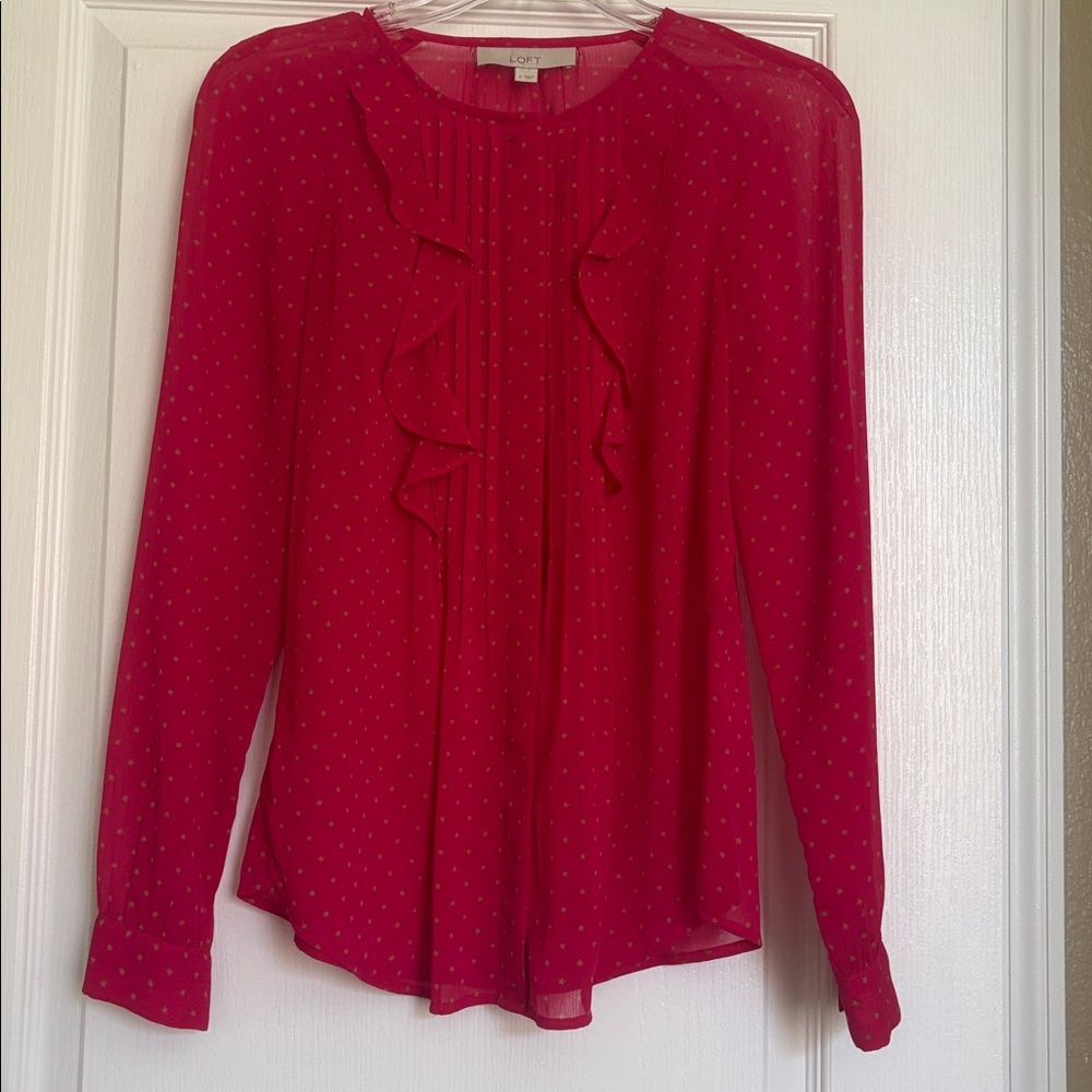 LOFT‎ Vibrant Red Ruffle Top sheer polyester size small